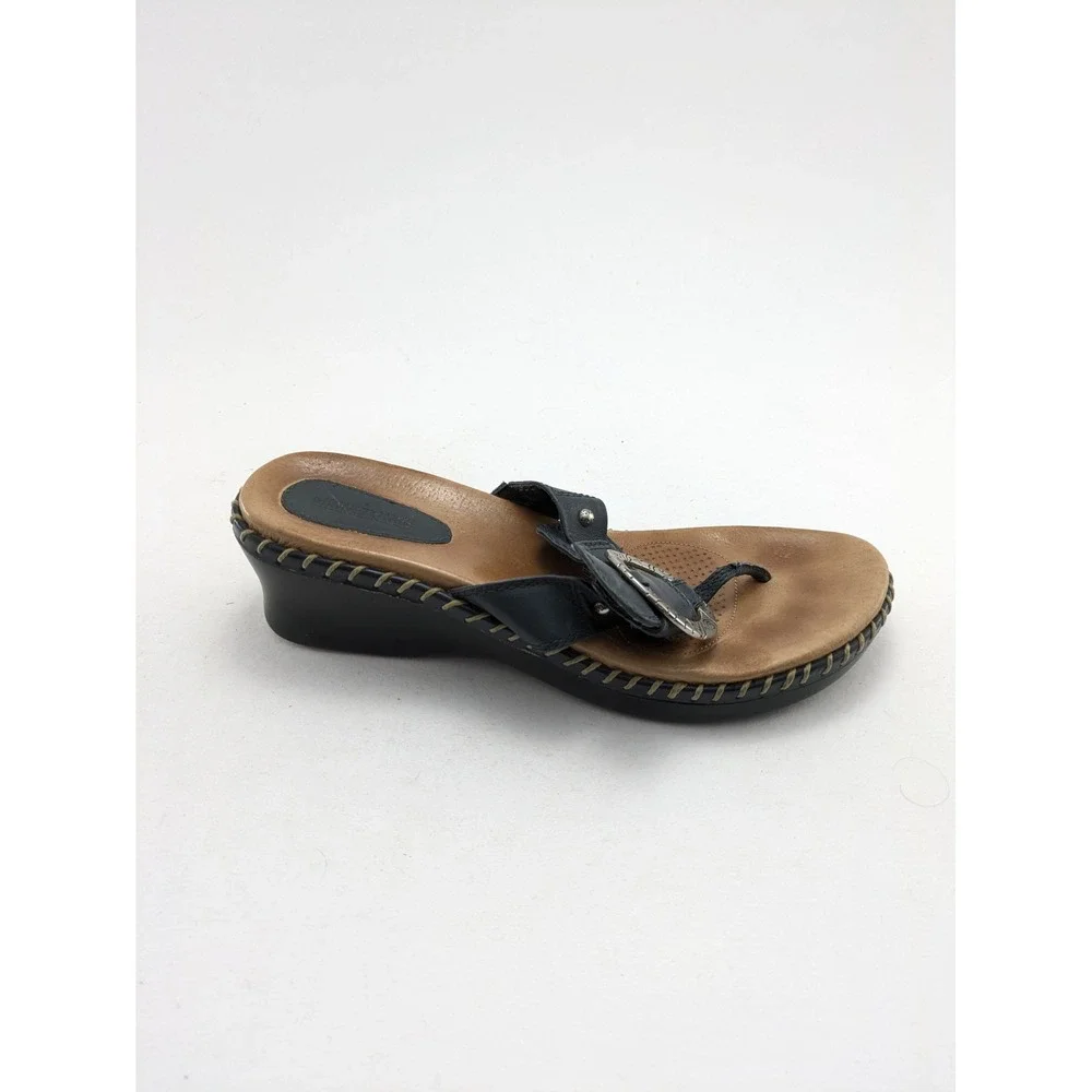 Womens Minnetonka Denver Blue Leather Slide Wedge Thong Medallion Sandals Size 8